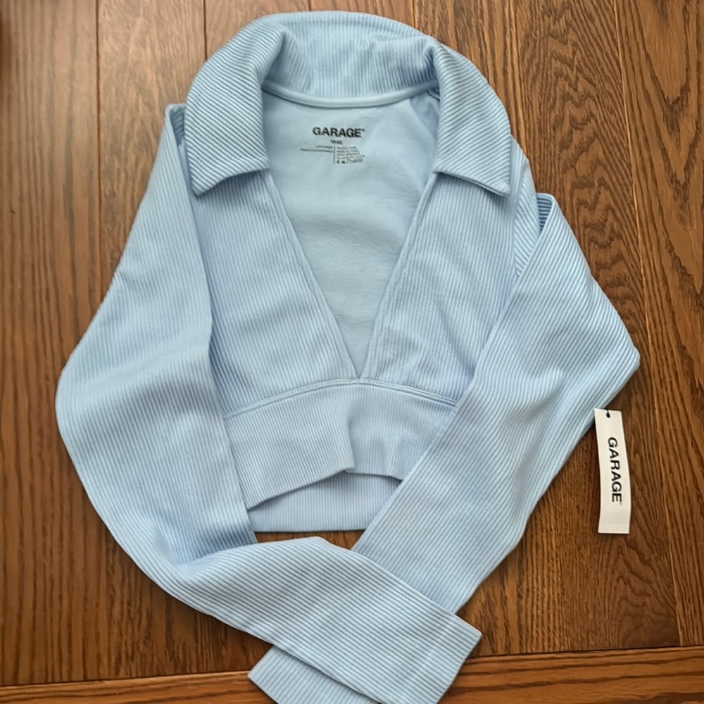 Garage Light Blue Ribbed Long Sleeve Crop Shirt